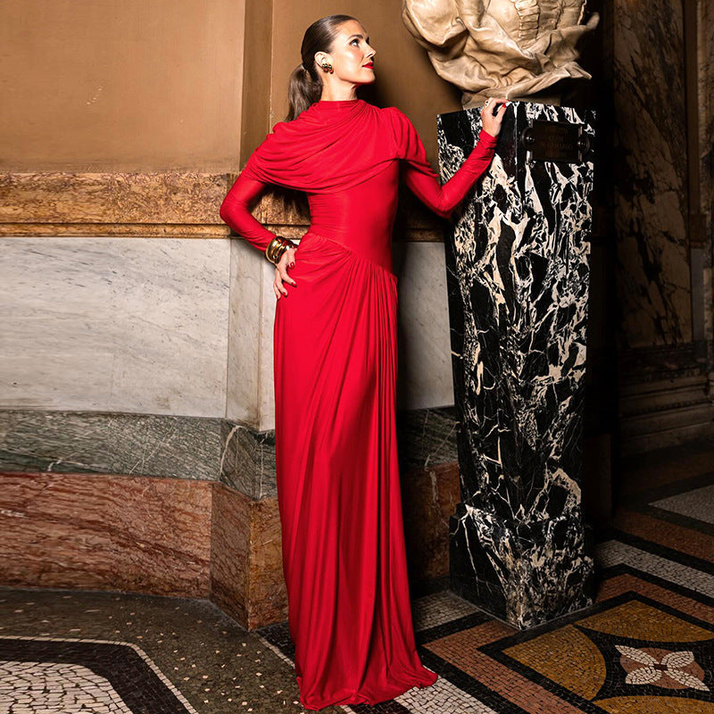 Color Solid High Grade Pleated Slim Waist Dress