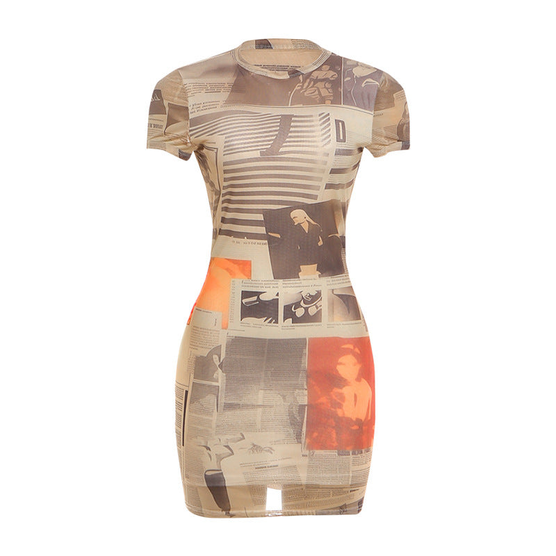 Spring Women Wear Round neck Short sleeve Slim fit Chic Sheath Mini Dress Printed One piece Dress