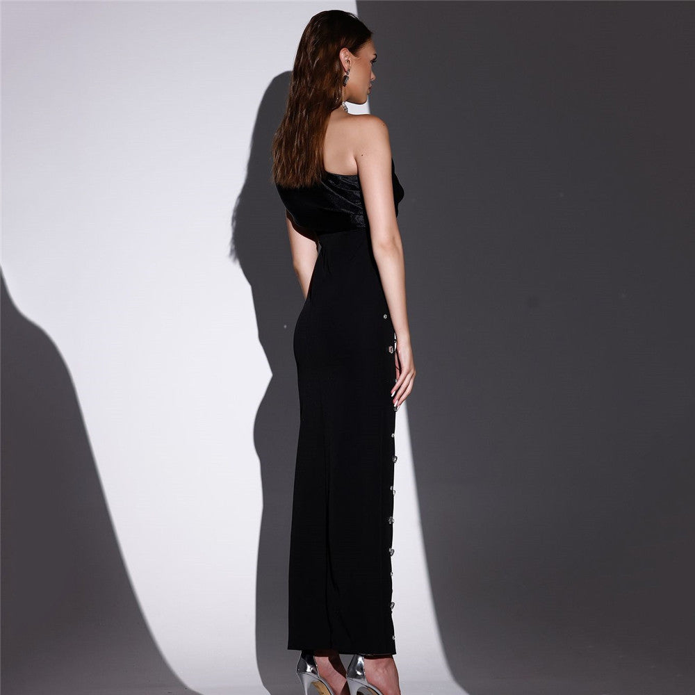 Shoulder Oblique Rhinestone Voile Bandage Dress Debutante Gala Dinner Dress