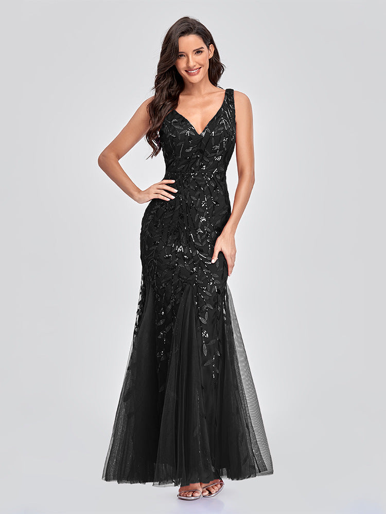 Evening Dress V neck Tulle Embroidered Sequ Sexy Mermaid Prom Dress Women Stylish Dress