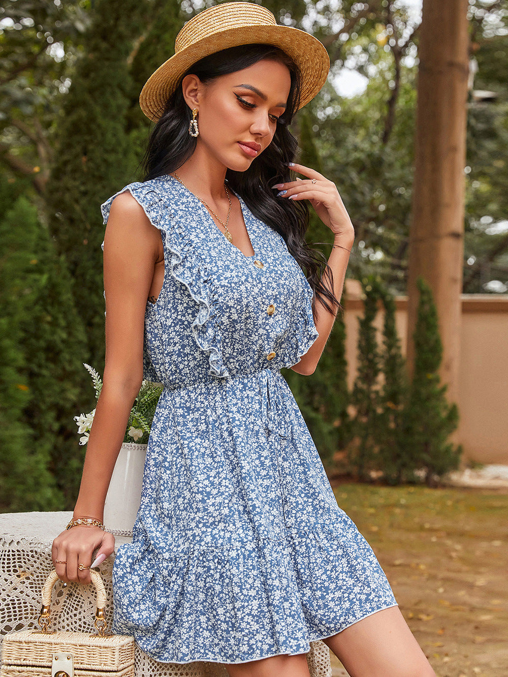Escondido Flower Tiered Babydoll Dress Dark Navy Multi