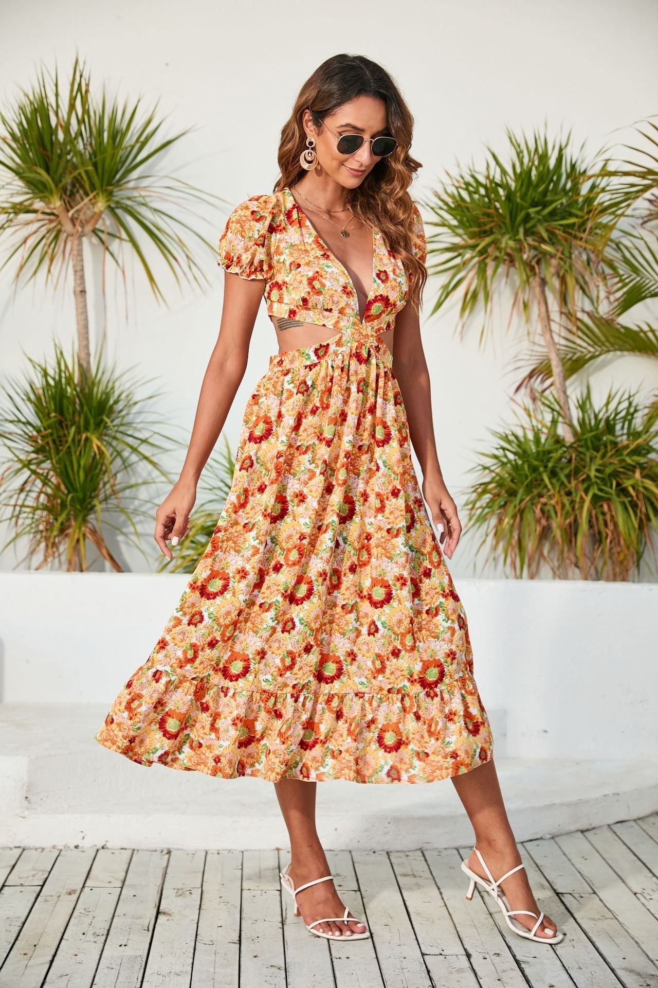 Neck V Printed Dress Backless Midi Dress