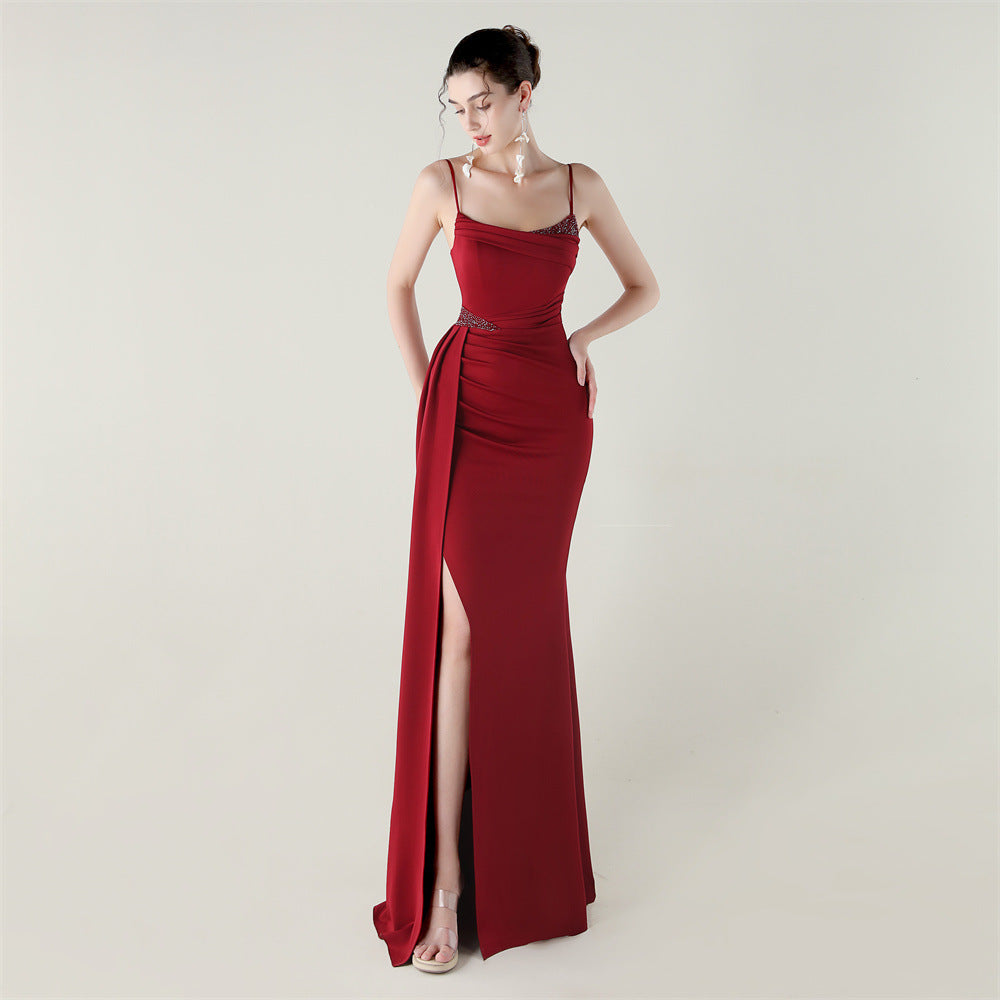 Bandeau Sling Satin Beaded Fishtail Evening Dress Dinner Wedding Dignified Sexy Graceful Dress