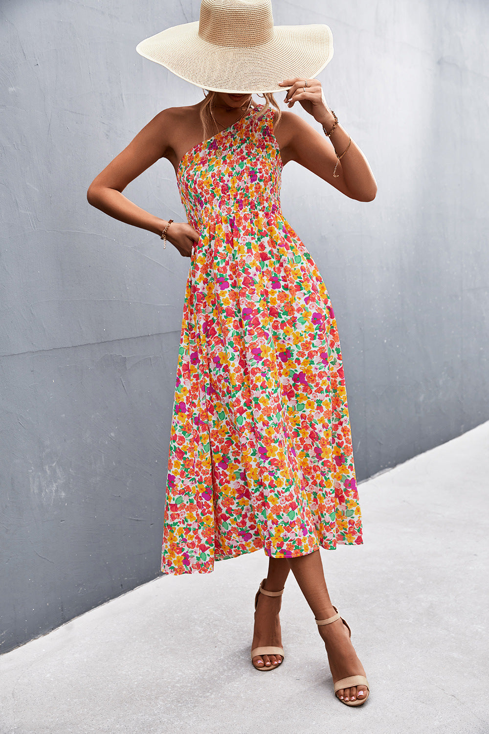 Elysse Flower Belted One Shoulder Midi Dress Salmon