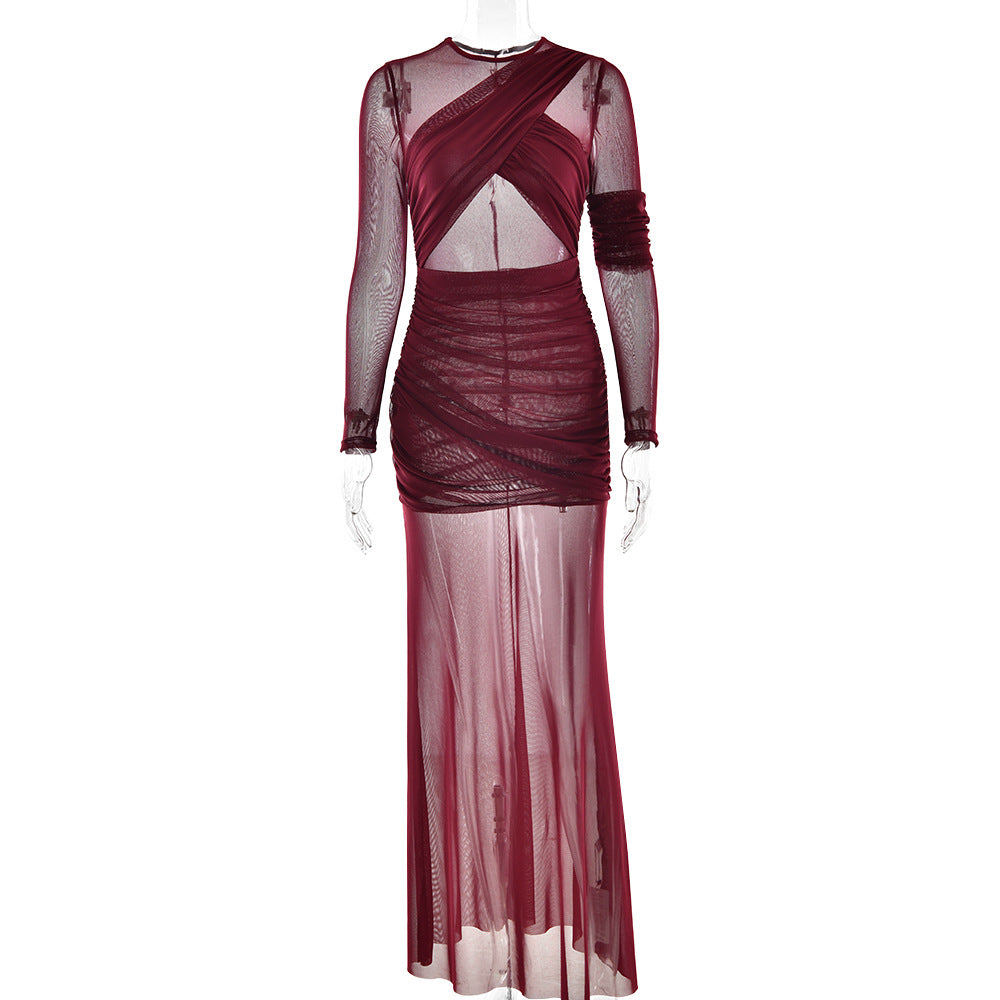 Attractive Mesh See through Maxi Dress Long Sleeve Sexy Pleated Slim Fit Dress