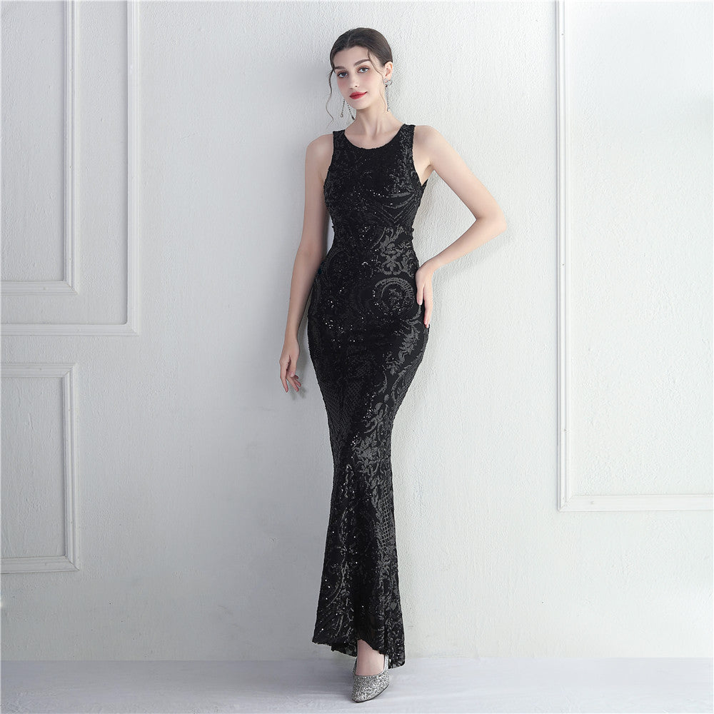 Bare Back Beaded Craft Sequined Embroidery Stage Concert Car Model Cocktail Wedding Ceremony Extended Evening Dress