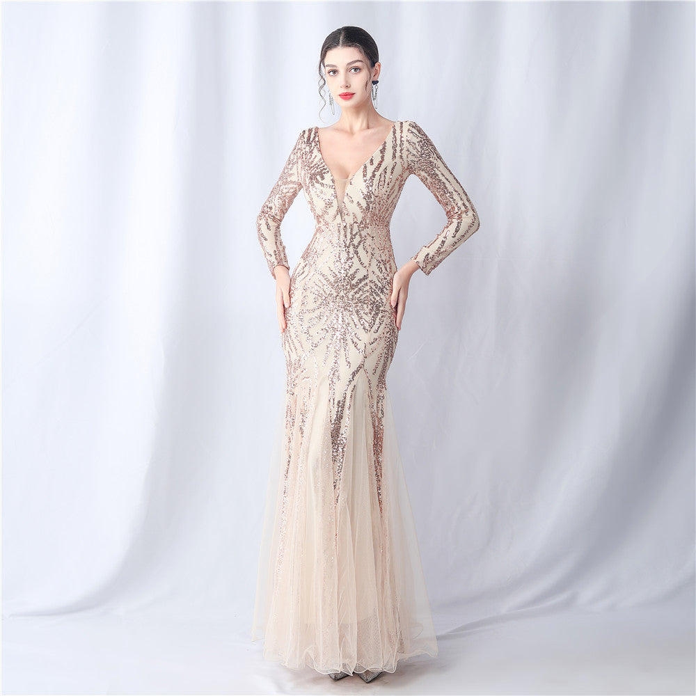 Mesh Sequin Wedding Dinner Annual Meeting Host Extended Sleeve Evening Dress