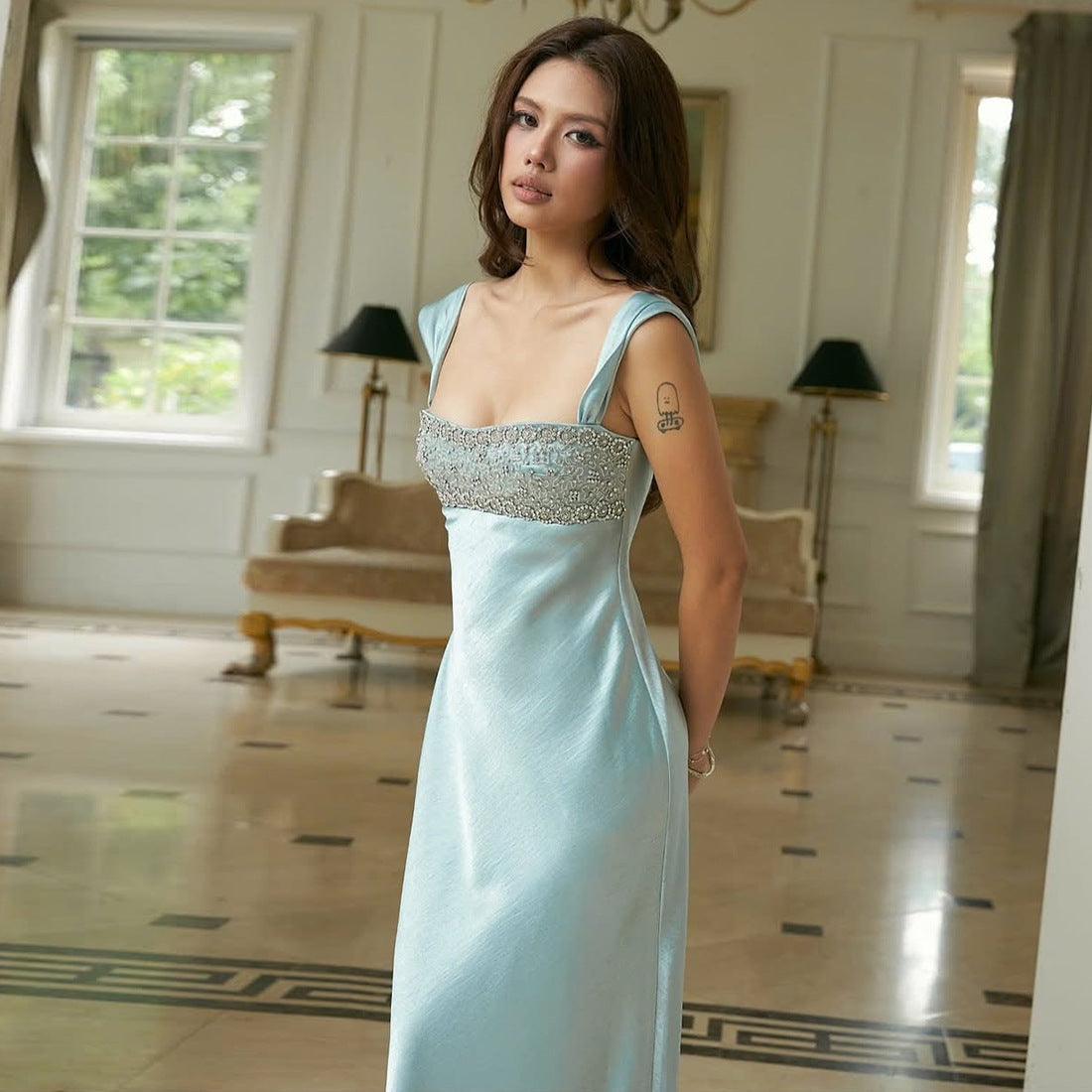 Autumn Winter Women Refined Strap Tube Top Backless Rhinestone Waist Tight Maxi Dress for Women