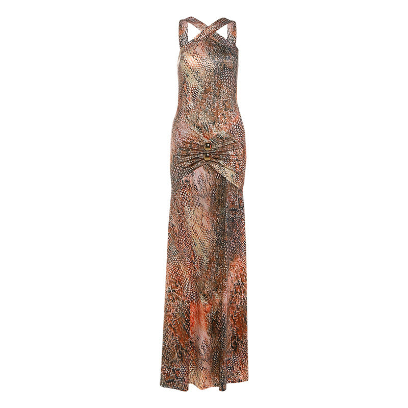 Fall Women Clothing Graceful Slim Pleated Print Maxi Dress Sling Dress