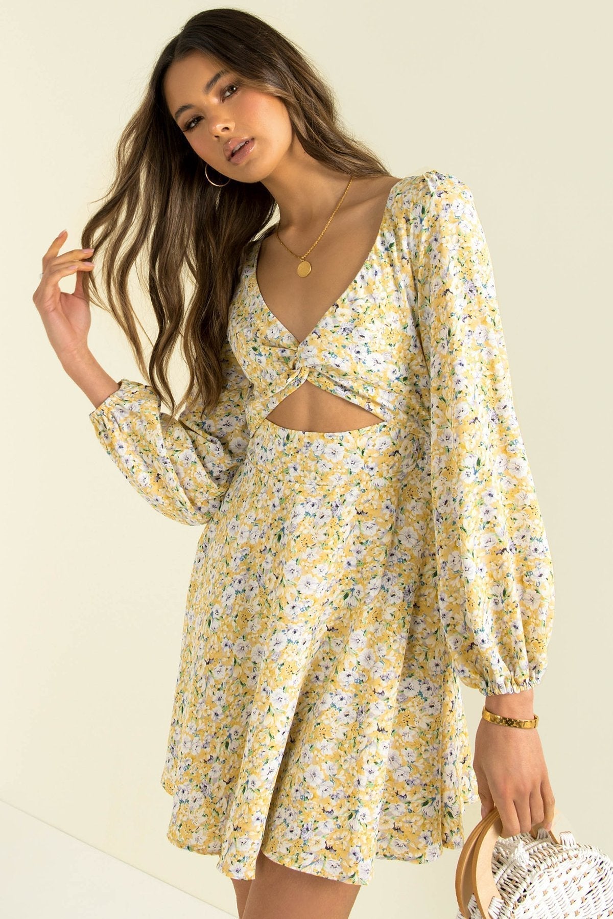 Inner Sunset Botanical Smocked Cutout Dress Sage