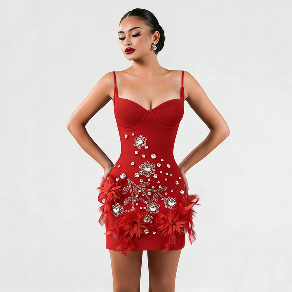 Women Chic Sling Rhinestone Feather Bandage Dress Prom Party Dress Mini Dress