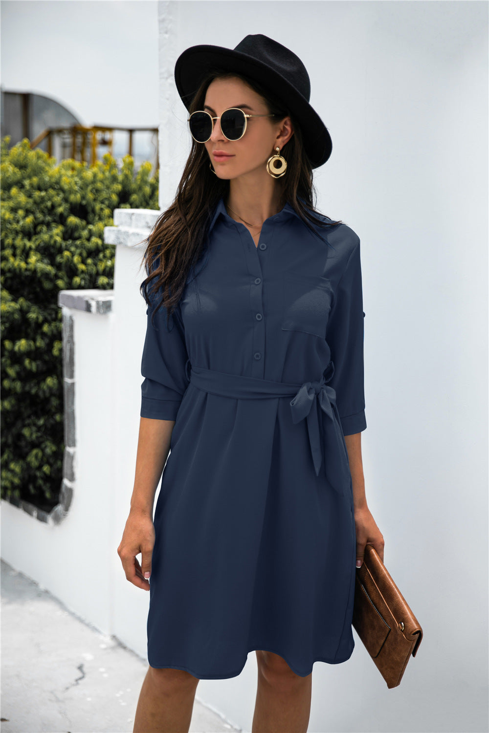 Chic Office Button Down Shirt Dress Navy