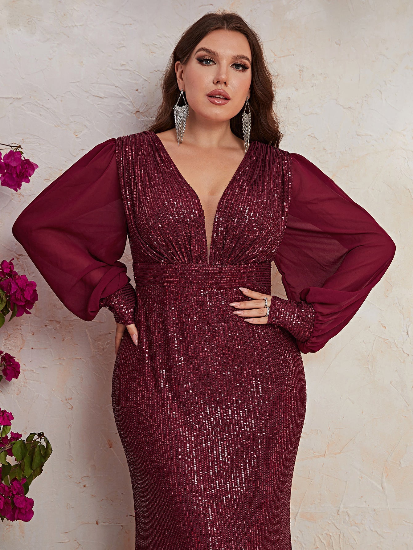 Plus Size Sequin Stylish Dress Sequin Long Sleeve V neck Prom Party Dress Fishtail Dress