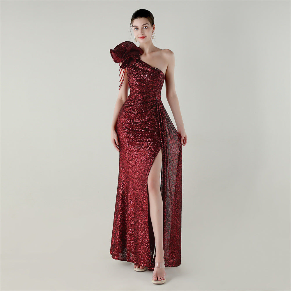 Craft Flower Beaded One Shoulder Diagonal Collar Fishtail Evening Dress Dinner Wedding Awards Ceremony Social Dress