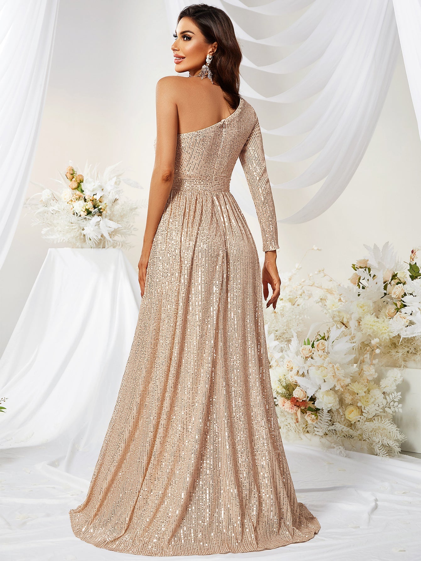Sequined One Sleeve Side Waist Hollow Out Cutout Out Prom Evening Dress Fishtail Graceful Dress