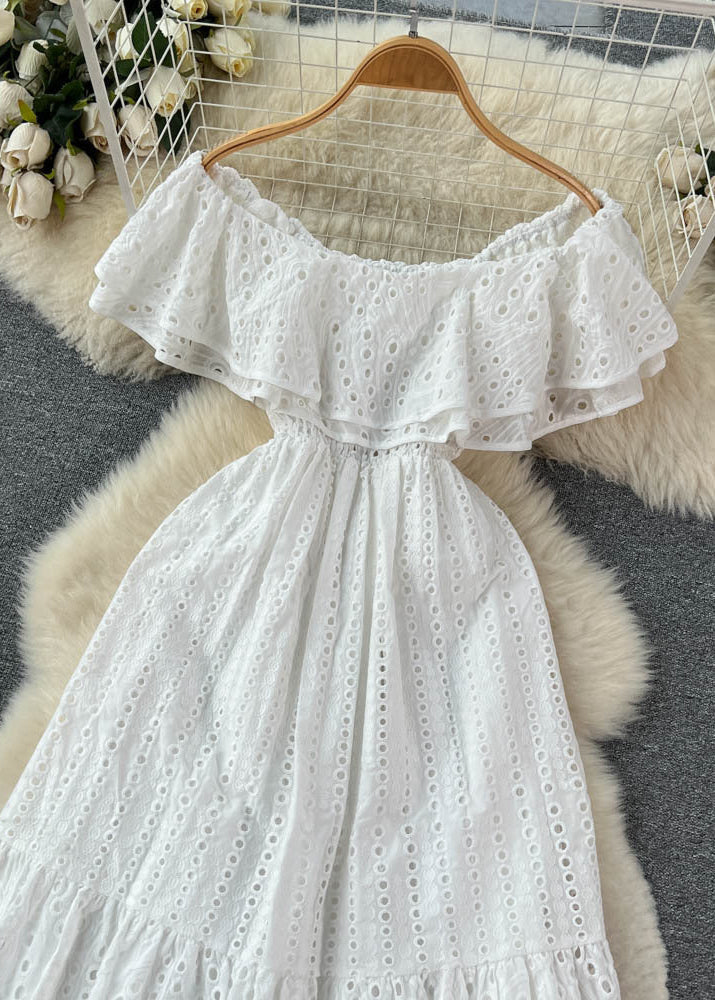 Eyelet Lunara Off-Shoulder Dress White Ruffle Midi