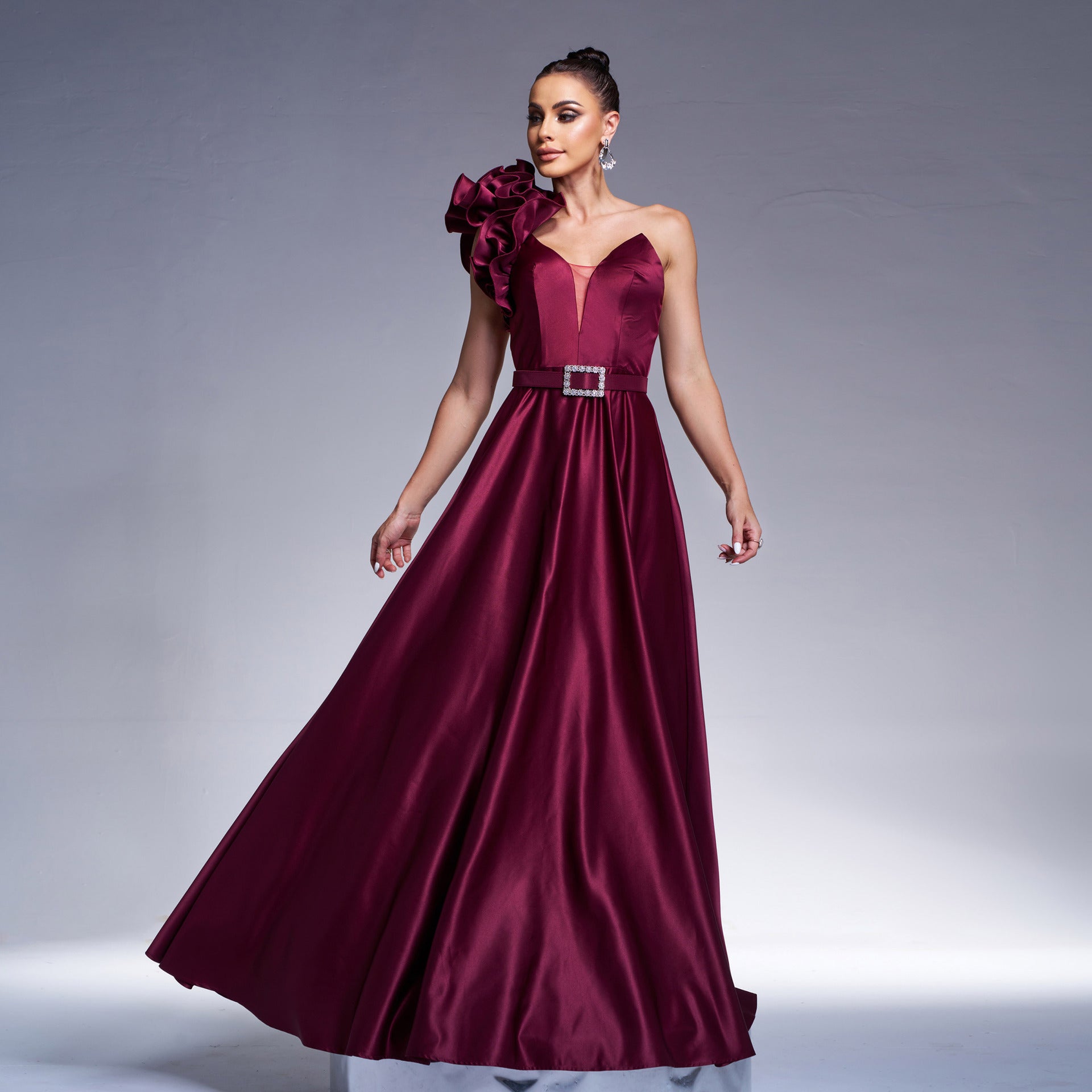 Graceful One Shoulder Diagonal Collar Cocktail Waist Controlled Large Hem Evening Dress Bridesmaid Dress