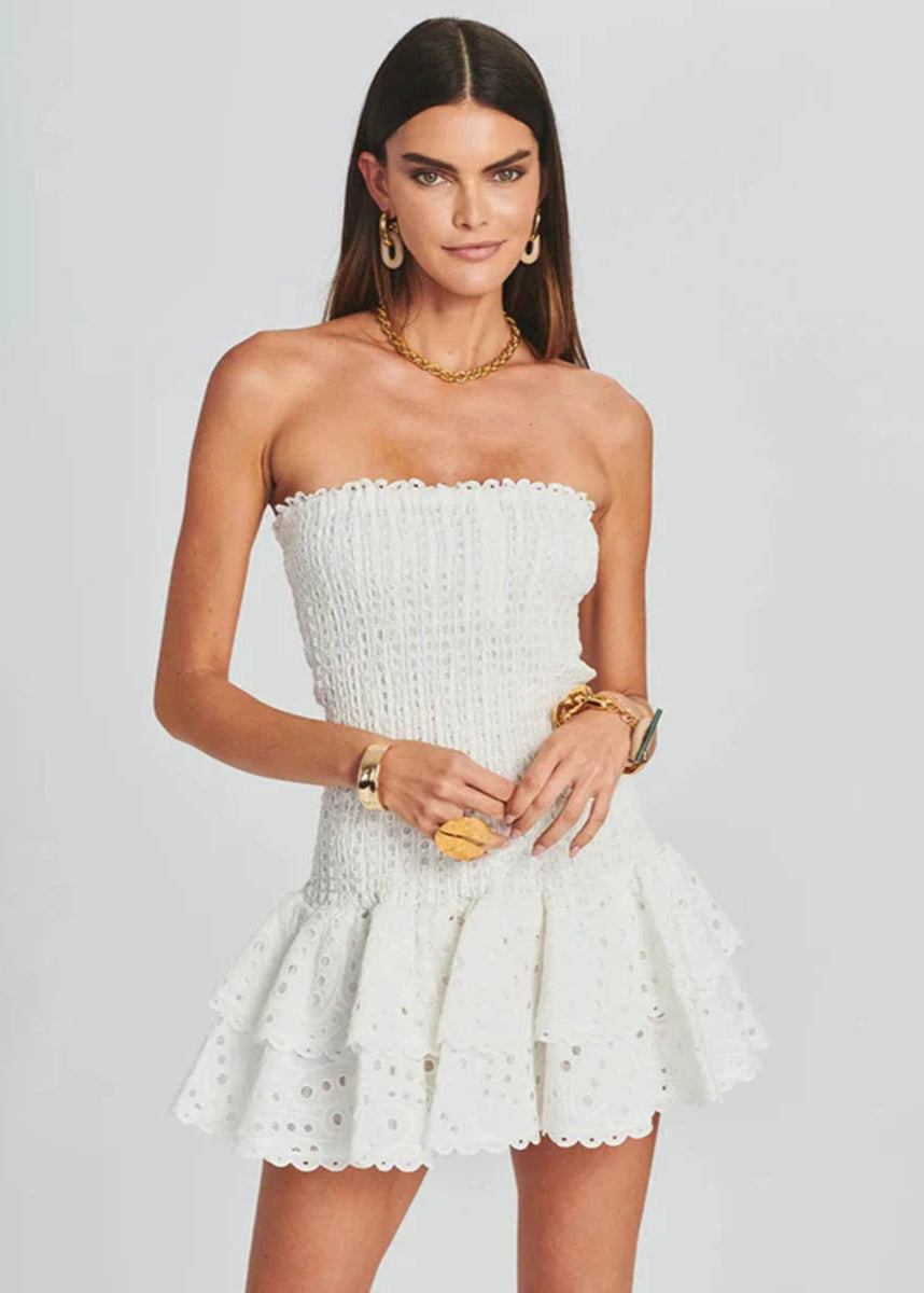 Strapless Zaria Ruffle Mini Dress Smocked Yellow Eyelet