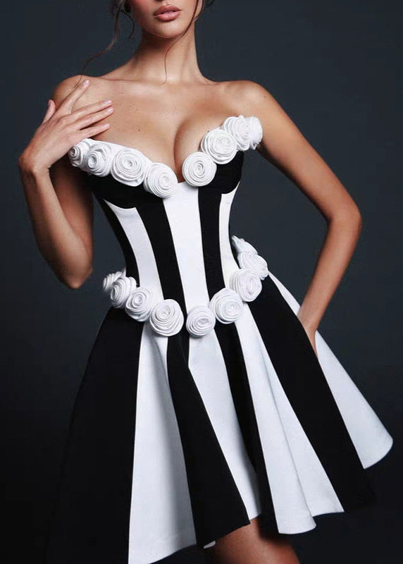 Strapless Monet Rosette Mini Dress Black & White Sculpted Fit-and-Flare