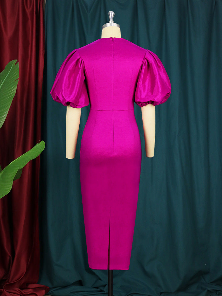 Summer round Neck Puff Sleeved Women High Waist Dress Maxi Dress Party Cocktail Dress Party Dress