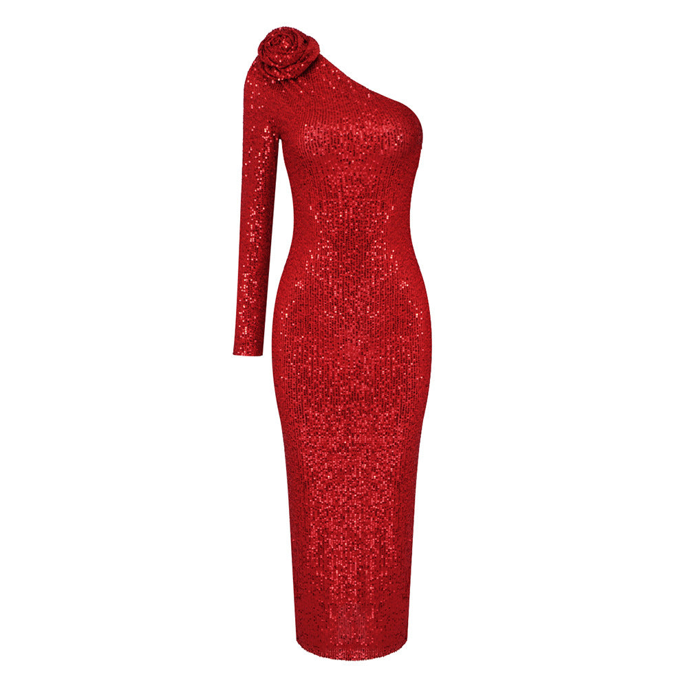 Christmas Red Three Dimensional One Shoulder Flower Sequin Formal Dress Stretch Dress Winter