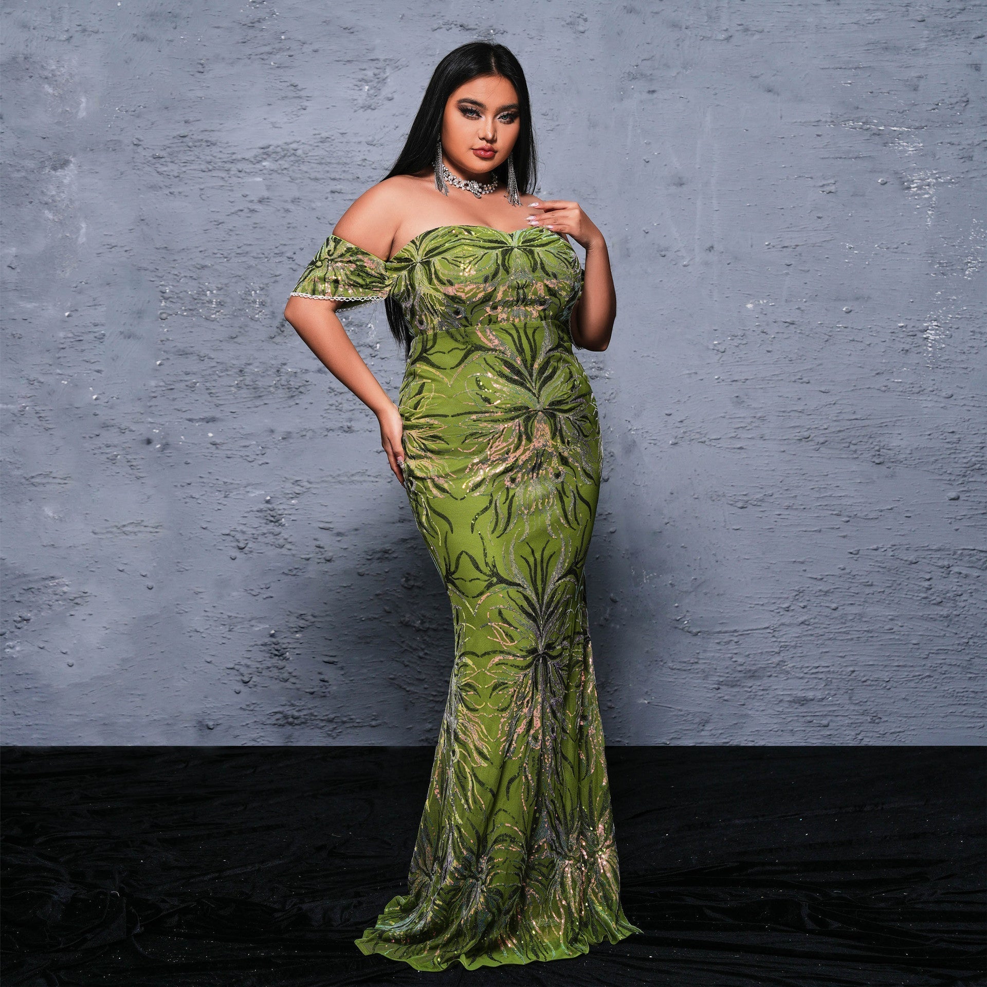 Size Plus Long Off Neck Cocktail Sequined Evening Dress Dress