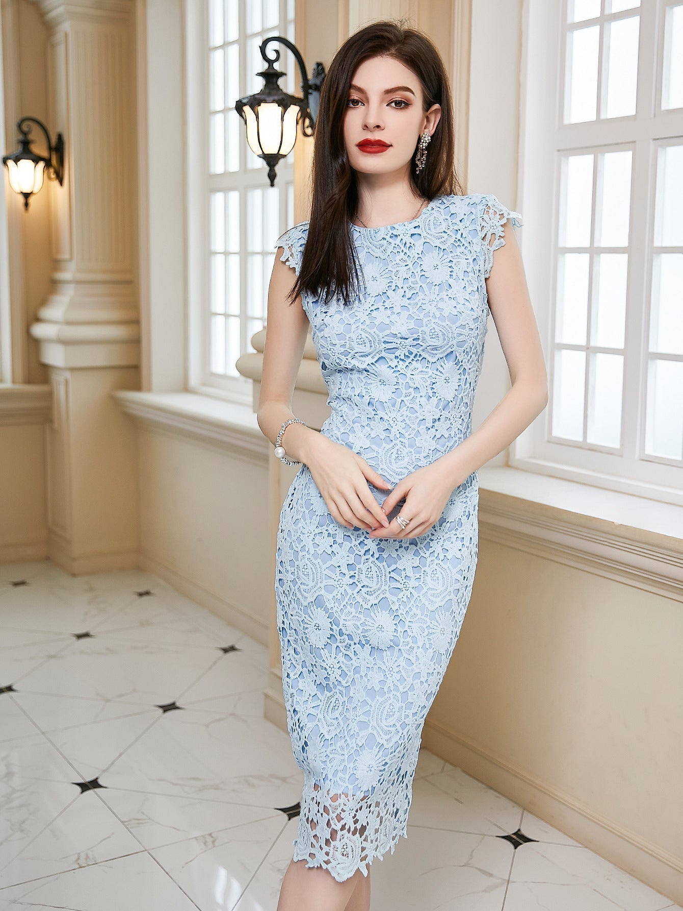 Neck Round Sleeveless Pencil Dress Midi Dress