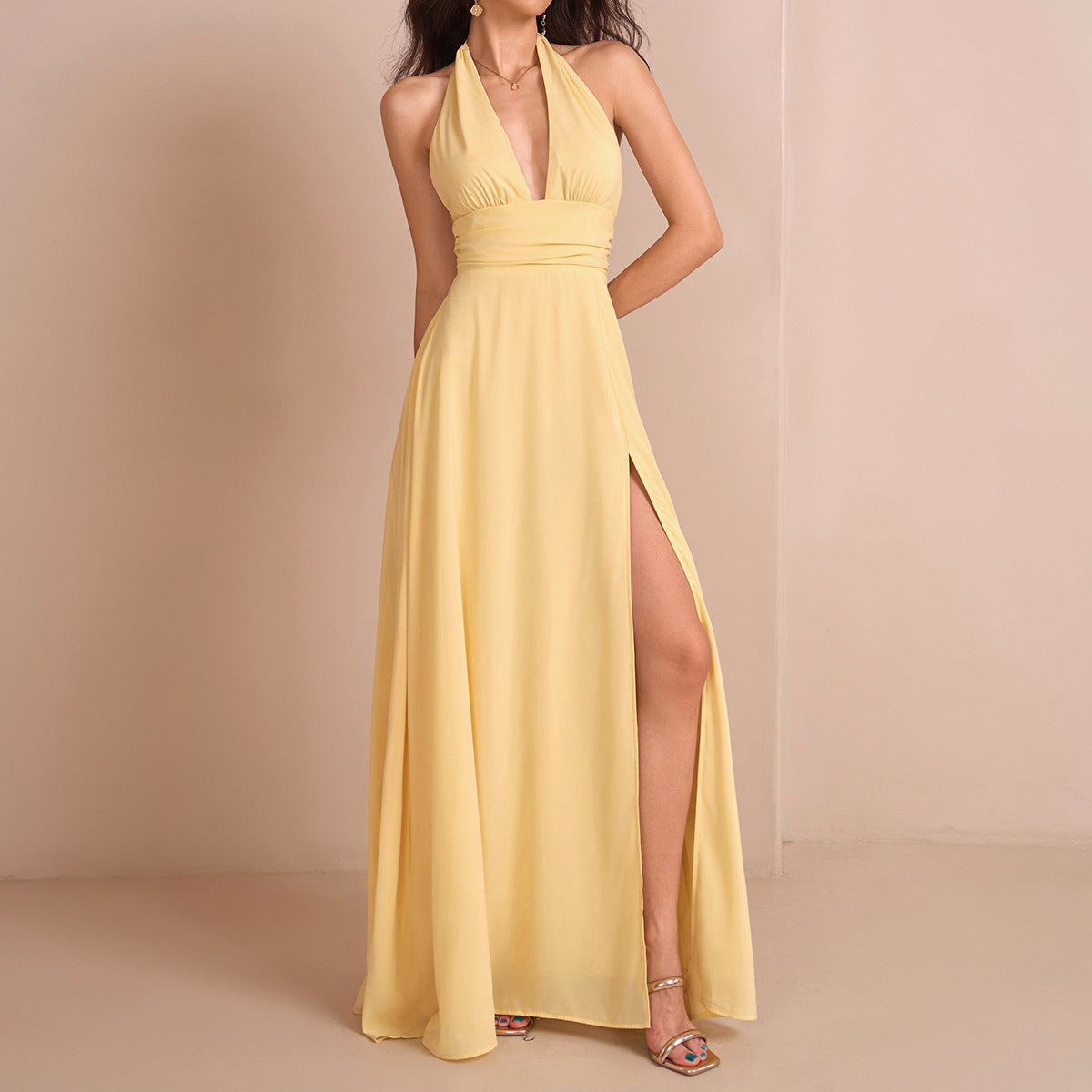 Refined Halter Lace up Chiffon Dress Sexy Sexy Deep V Plunge neck Backless Slit Formal Dress Maxi Dress