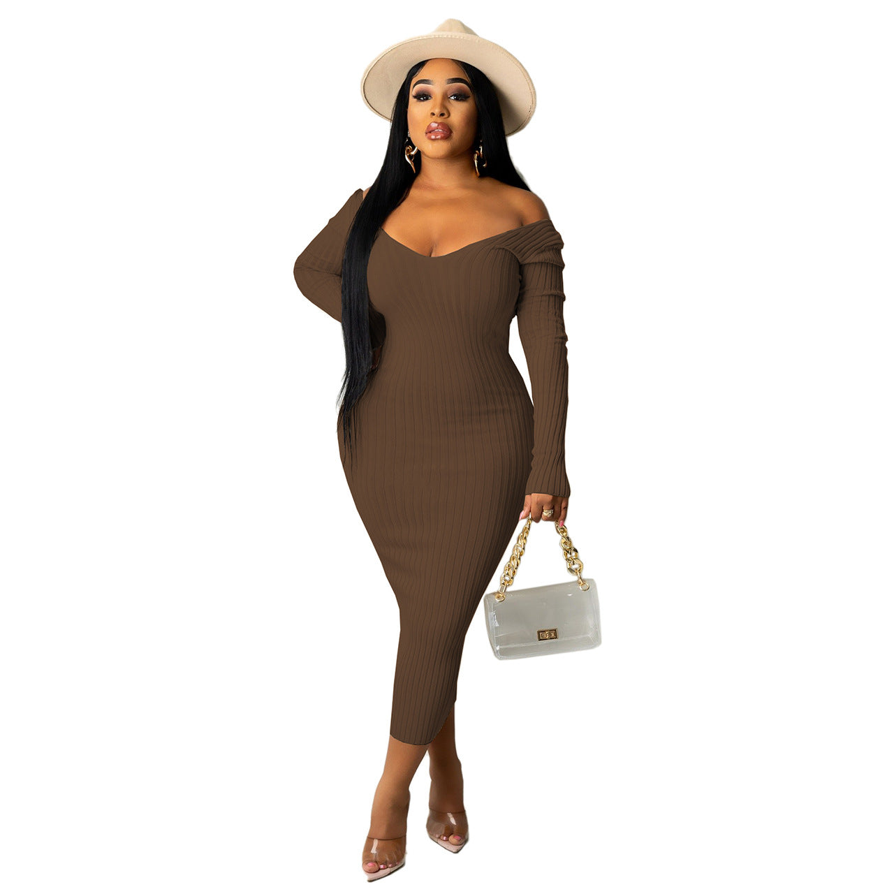 Off Troy The Shoulder Knit Midi Dress Chocolate FINAL