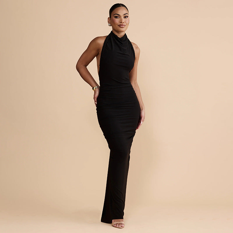 Slim Fit Maxi Dress Summer Solid Color Halter Pleated Chic Backless Dress