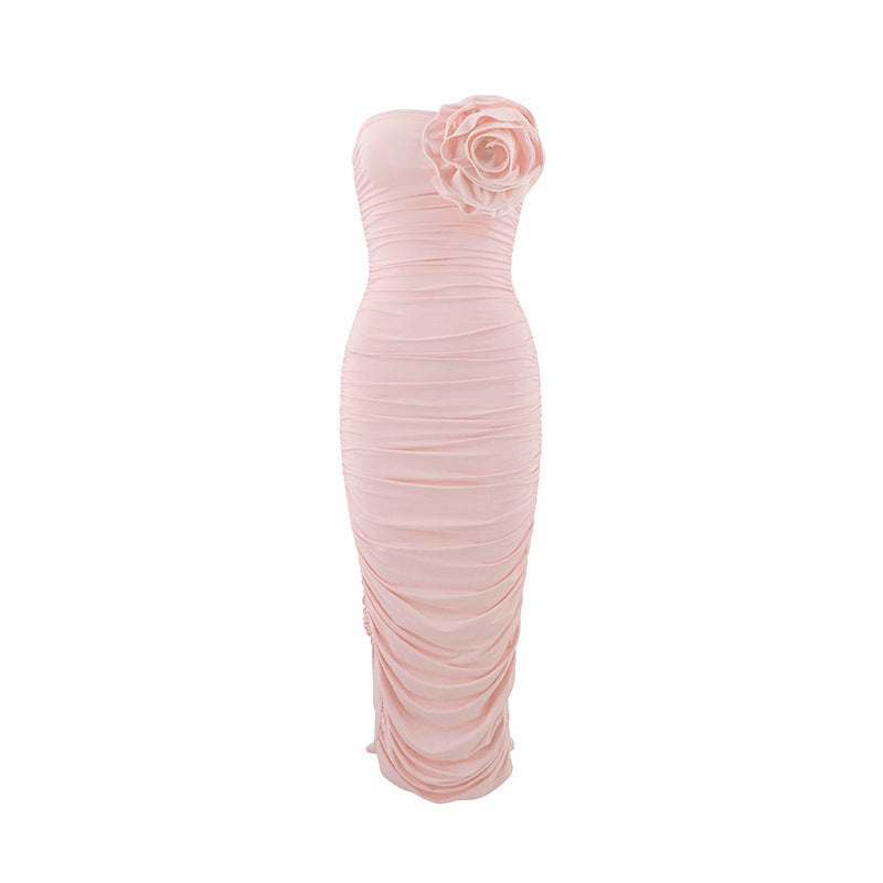 Summer Sexy Bandeau Slim Fit Hip Wrapped Pleated Three Dimensional Flower Midi Dress
