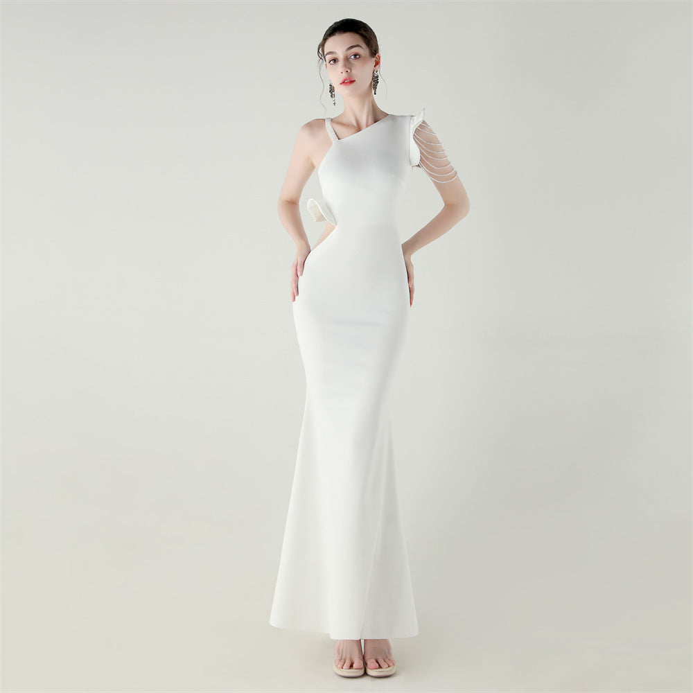Satin Single Shouldered Beaded Fishtail Slim Fit Evening Dress Cocktail Wedding Cut out Ruffled Bottoming Dress