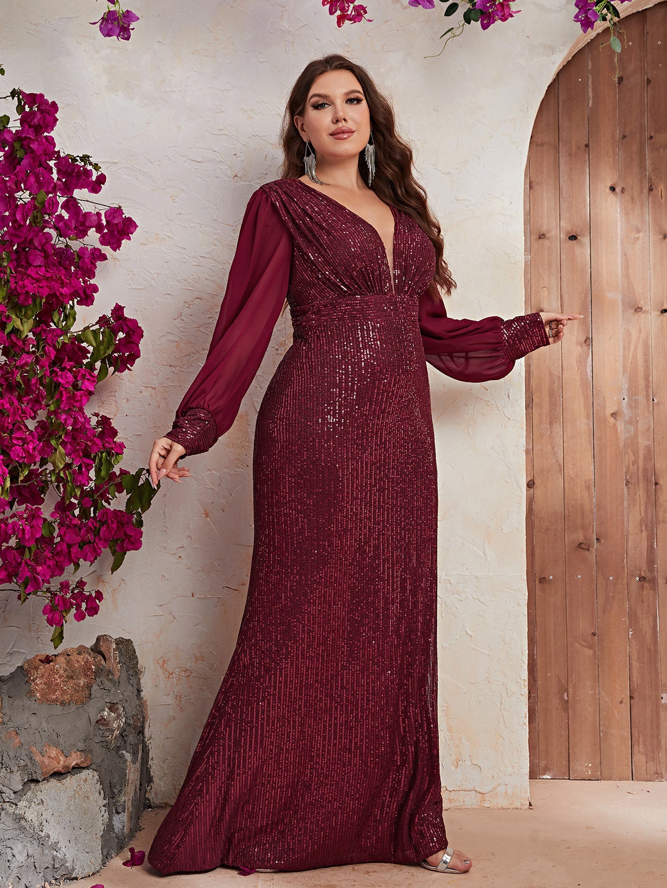 Plus Size Sequin Stylish Dress Sequin Long Sleeve V neck Prom Party Dress Fishtail Dress
