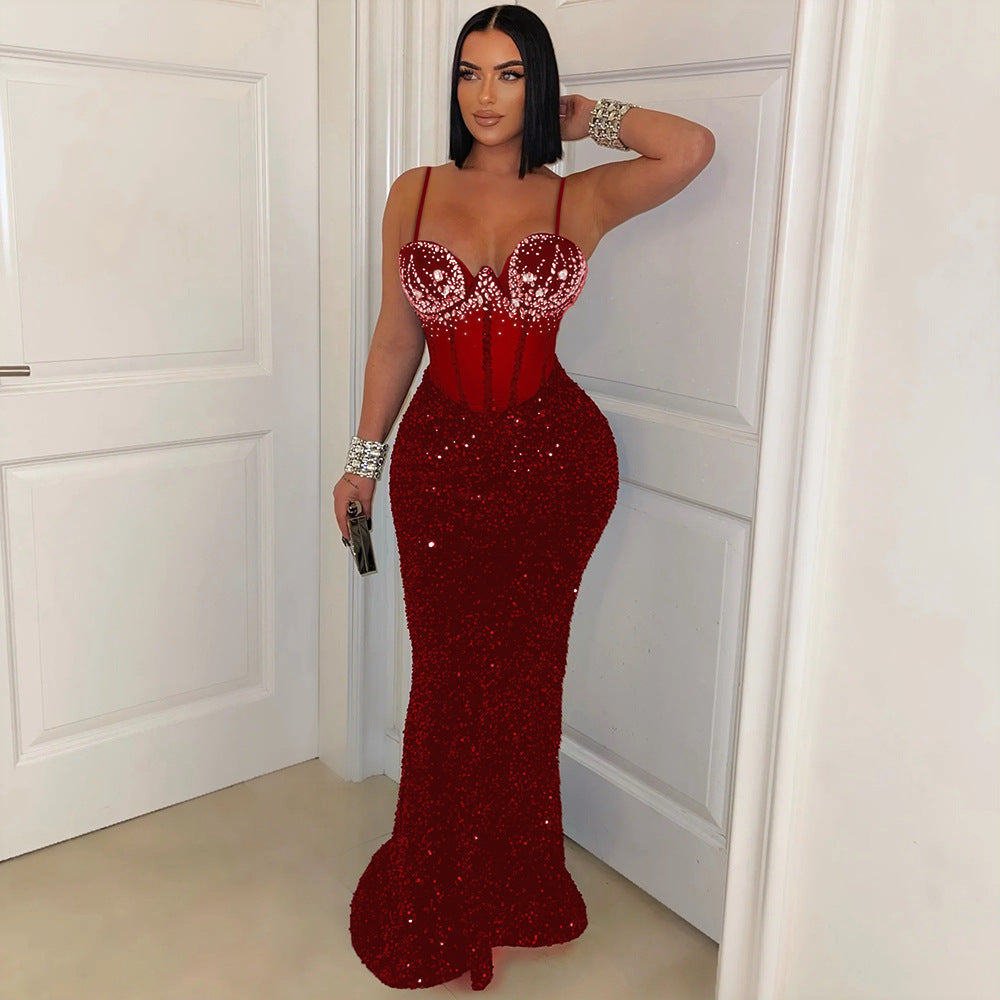 Sequined Velvet Party Dress Dress Rhinestone Strap Dress Sheath