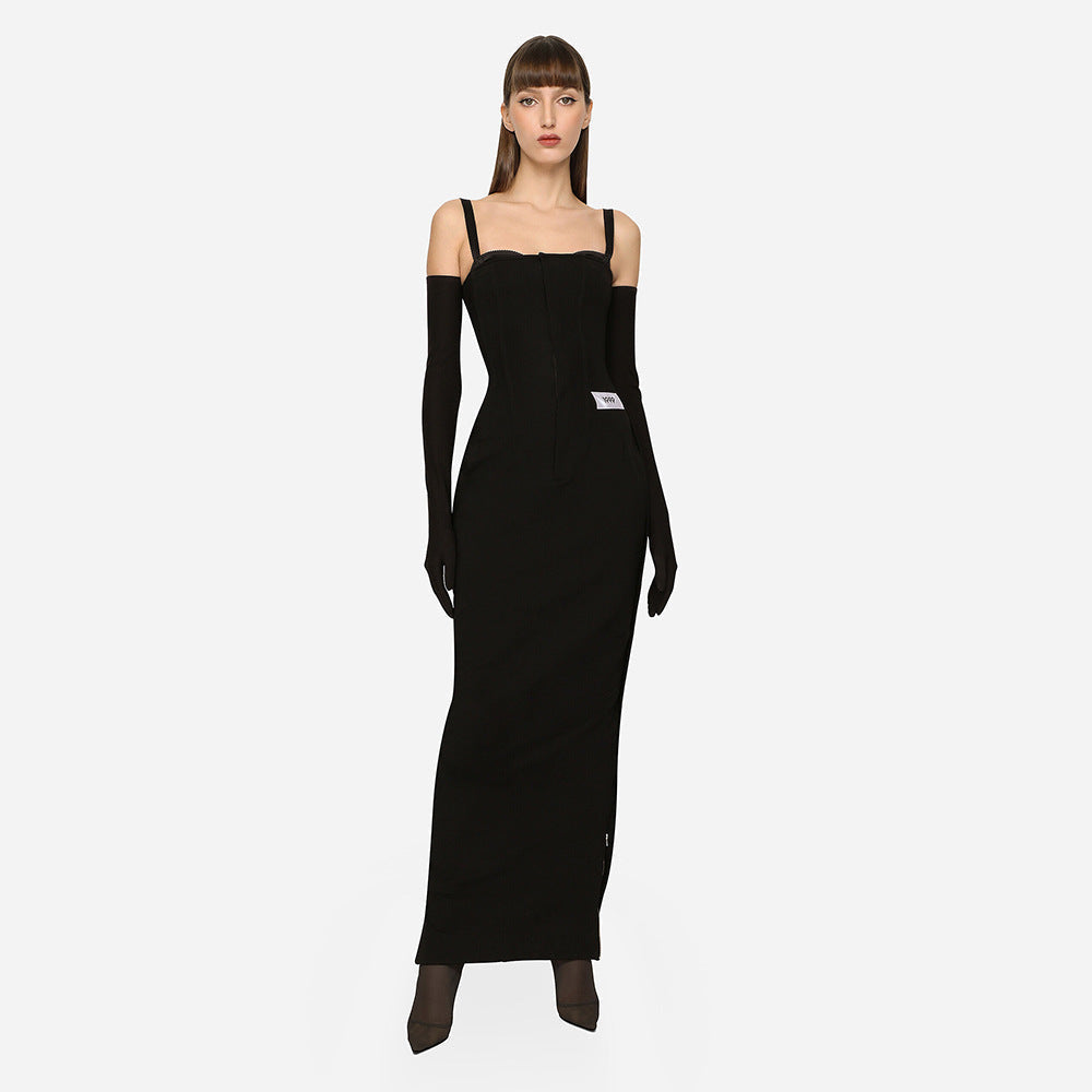 Strap Black Long Zipper Dress Gloves Dress