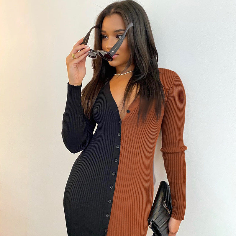 Colorblock Abril Button Front Knit Midi Dress Black Tan