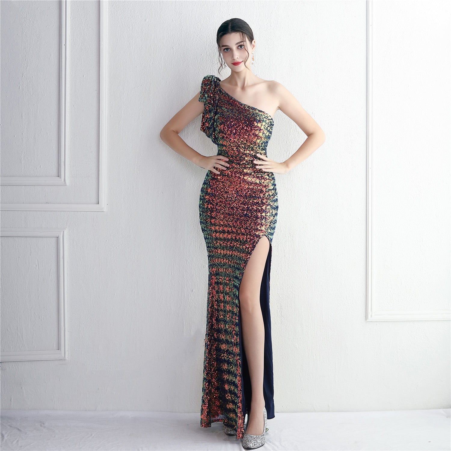 Craft Sequined Toast Clothing Extended One Shoulder Appreciation Dinner Slim Fit Fishtail Wedding Socialite