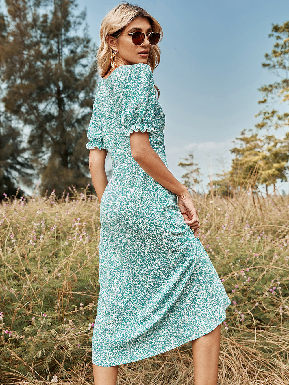 Stroll Vineyard Puff Sleeve Wrap Midi Dress