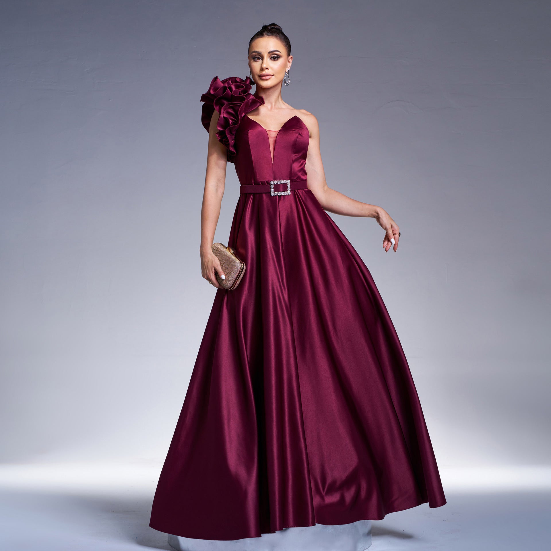 Graceful One Shoulder Diagonal Collar Cocktail Waist Controlled Large Hem Evening Dress Bridesmaid Dress