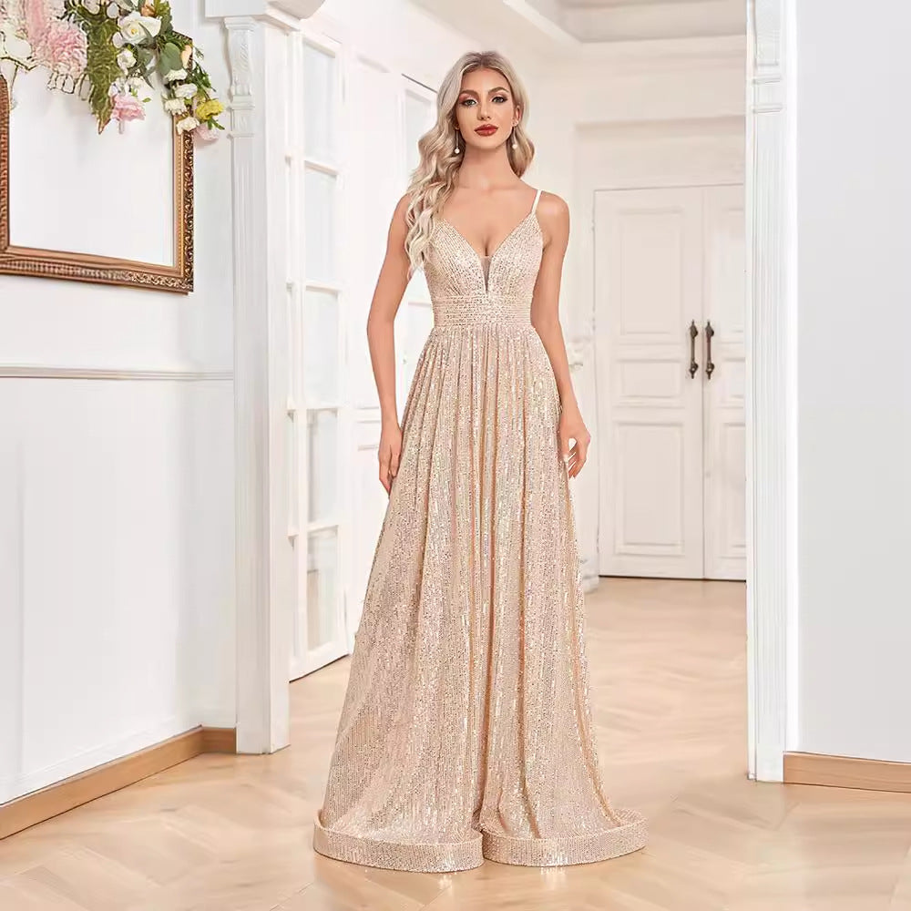 Sequined Backless Evening Dress Deep V Plunge neck Bridesmaid Dress Party Sophisticated Dress Cocktail