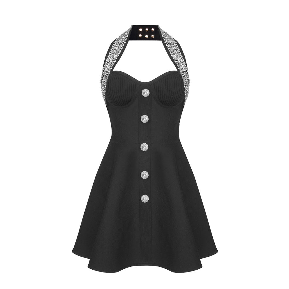 Sleeveless Black Heavy Industry Beads A line Dress Bandage Dress Slim Dress