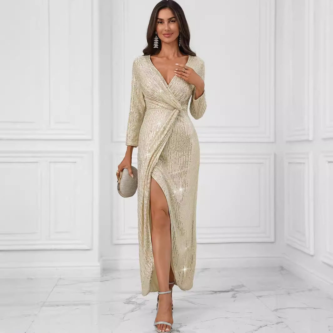 Prom Evening Dress Chic Sequined Long Sleeve Dress Women Clothing Maxi Dress