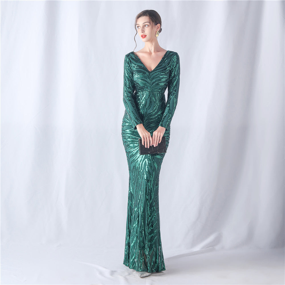 Positioning Flower Cutting Craft Magic Color Sequin Annual Meeting Wedding Long Sleeve Evening Dress