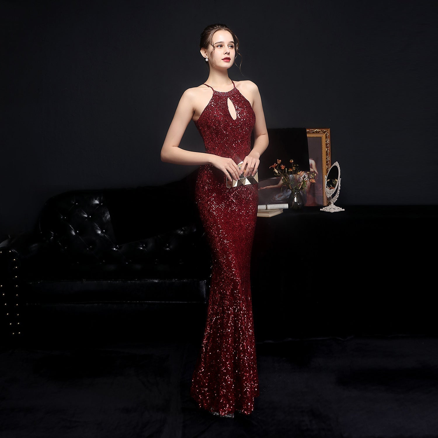 Cocktail Refined Long Halter Set Diamond Sequined Aura Queen Fishtail Evening Dress