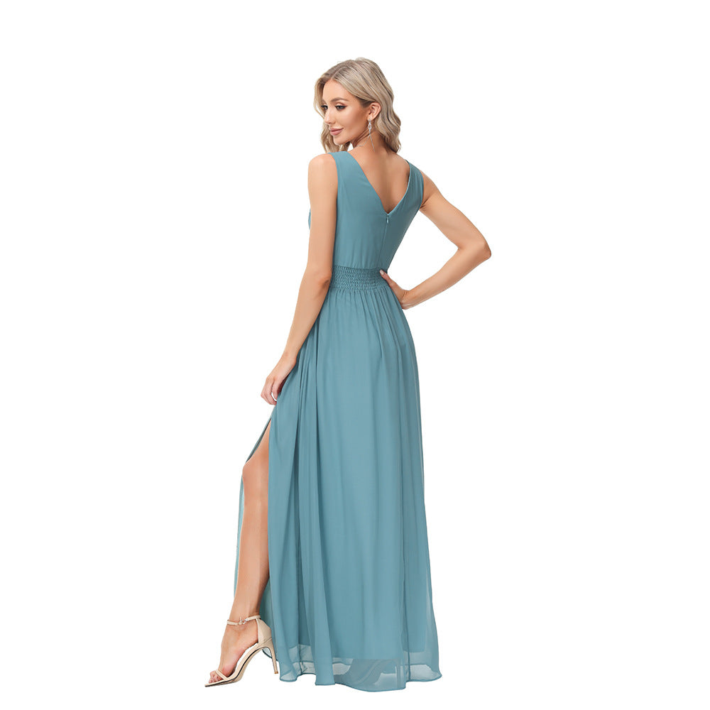 Women Chiffon Maxi Dress Double V Neck Sleeveless Swing Evening Dress Split Stretch Waistline Prom Gown