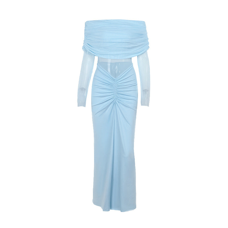 Off Shoulder Mesh Pleated SocialiteElegant Micro Transparent Slim Fit Maxi Dress