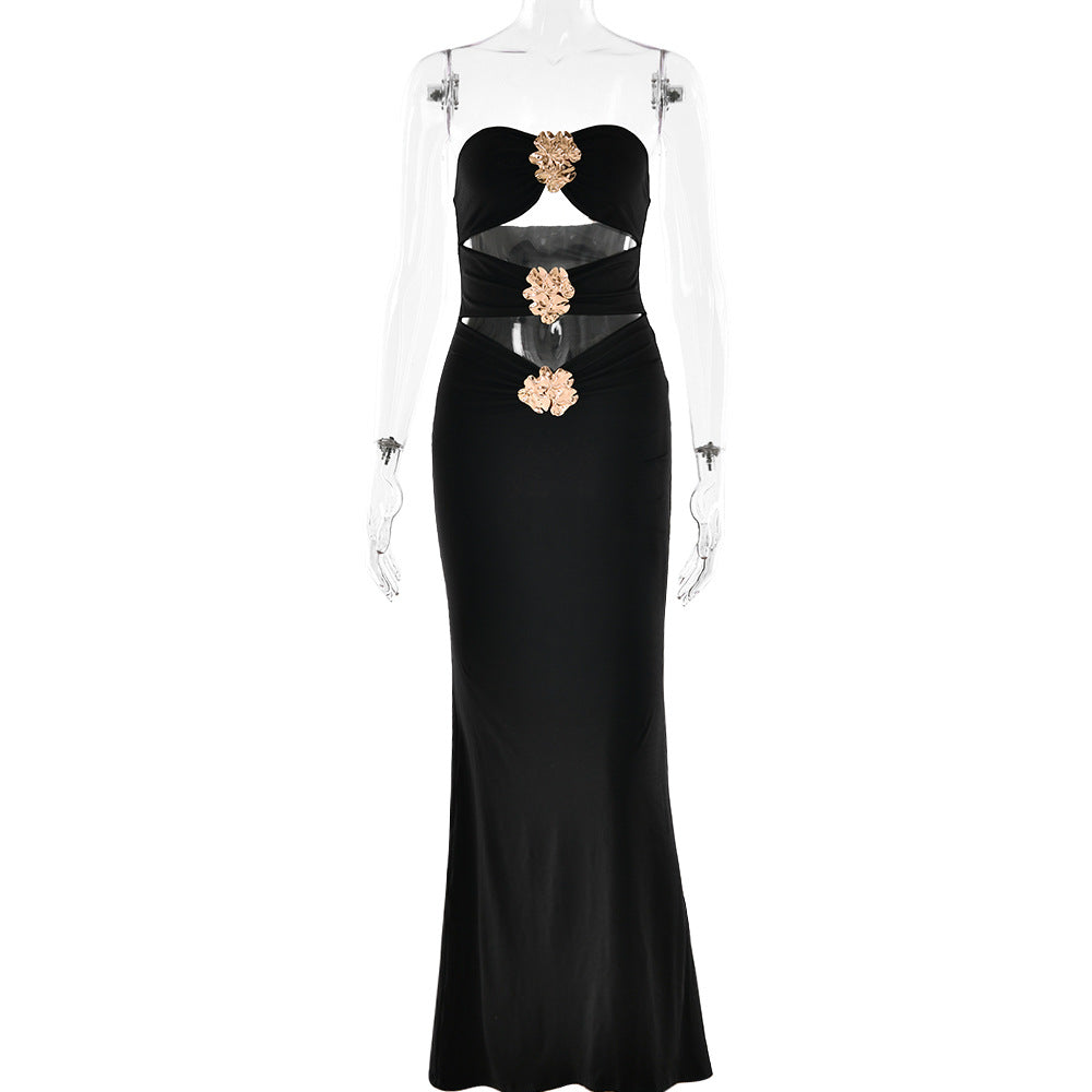 Summer Ladies Sexy Cutout Dress off Neck Metal Bloom Sexy Slim Fit Maxi Dress