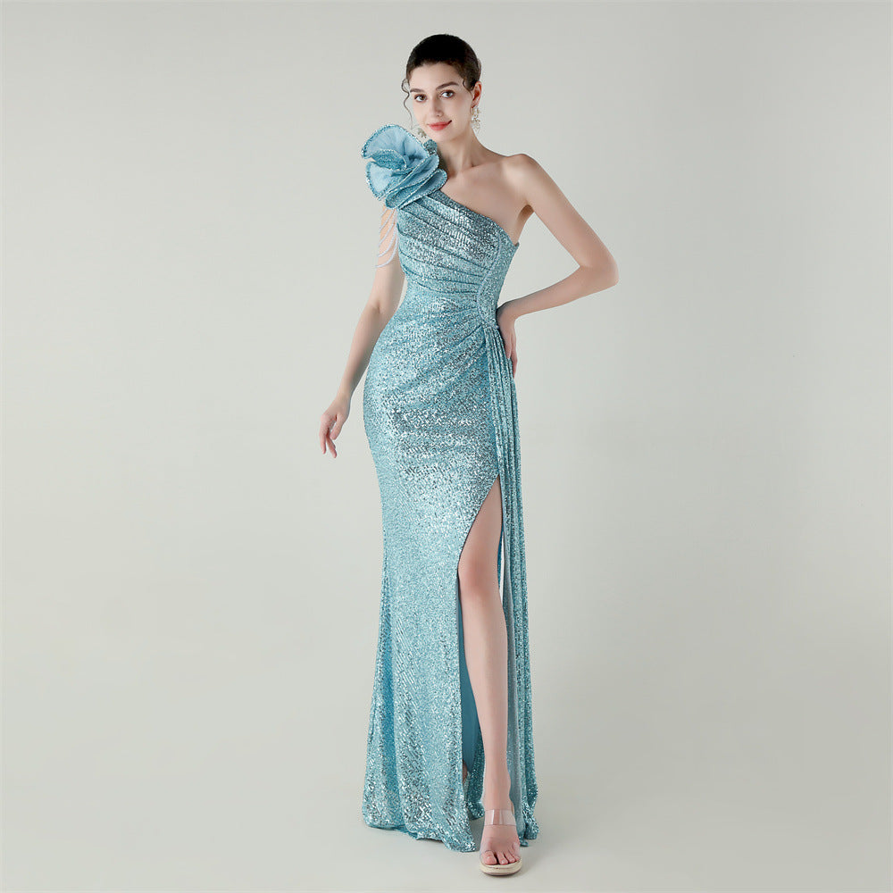 Craft Flower Beaded One Shoulder Diagonal Collar Fishtail Evening Dress Dinner Wedding Awards Ceremony Social Dress