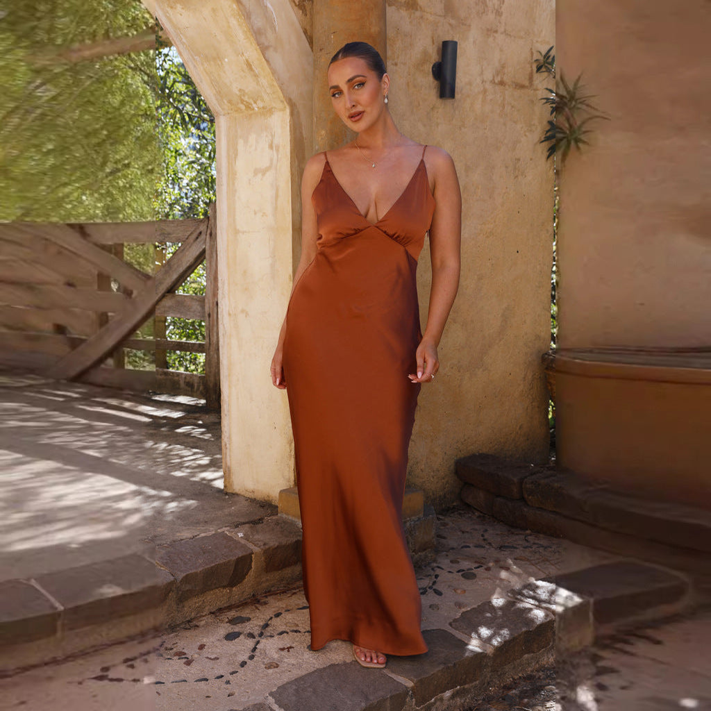Slit Backless Solid Color Dress Sling Slim Mid Length