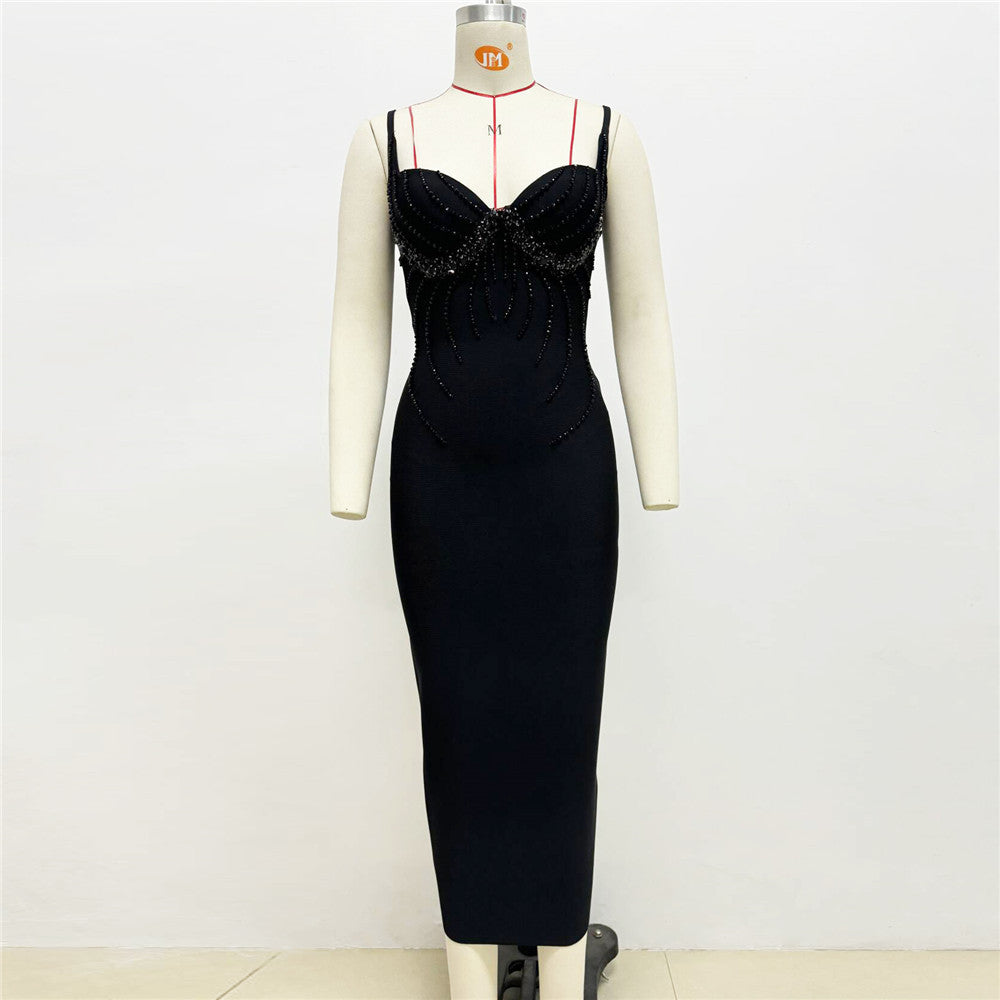 neck V Bead Diamond Strap Bandage Dress Ladies Party Annual Meeting Dress